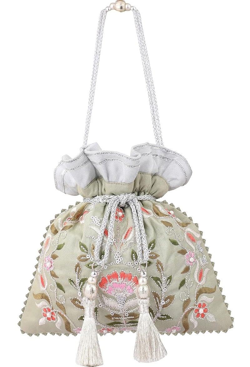 MASQ by Q-One Embellished Silk Potli Bag, Handbag, Wristlets, Clutch for Women, Girls with Handmade Embroidery, Sequin, Beads Work for Parties, Weddings and Special occasion - Image 1