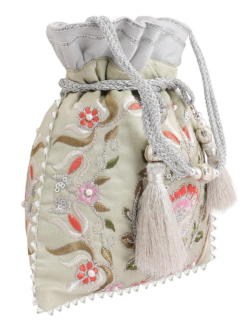MASQ by Q-One Embellished Silk Potli Bag, Handbag, Wristlets, Clutch for Women, Girls with Handmade Embroidery, Sequin, Beads Work for Parties, Weddings and Special occasion - Image 4