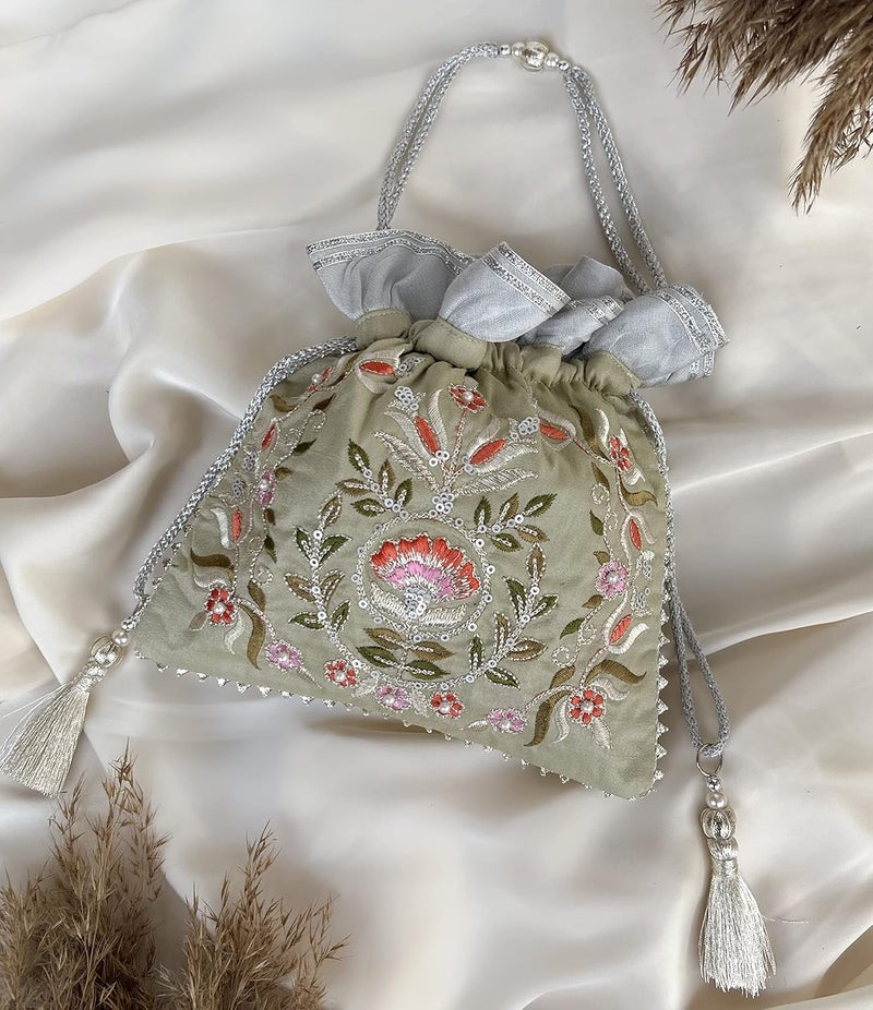 MASQ by Q-One Embellished Silk Potli Bag, Handbag, Wristlets, Clutch for Women, Girls with Handmade Embroidery, Sequin, Beads Work for Parties, Weddings and Special occasion - Image 3