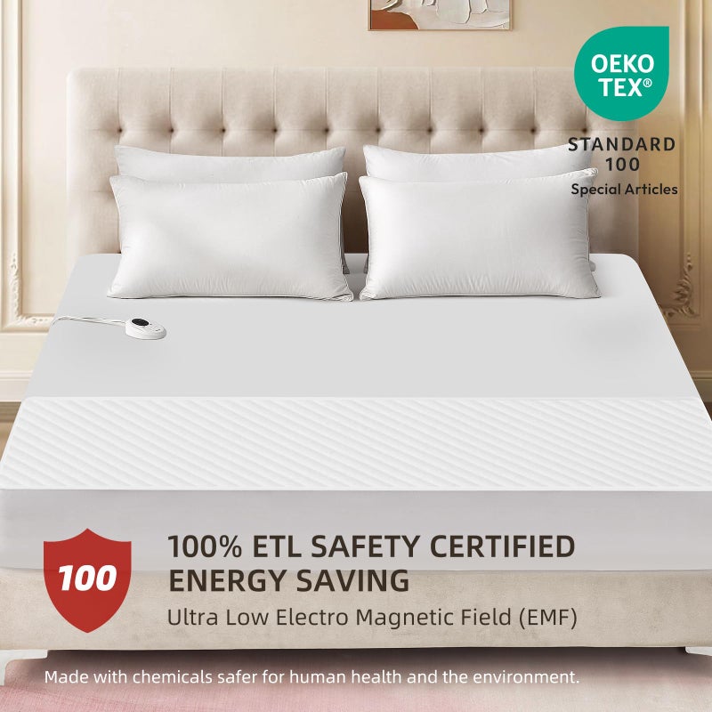 Bwarm Waterproof Heated Mattress Pad, ETL Certified Bed Warmer with 9 Heat Settings, 1-12 Hours Auto Off Deep Pocket, Machine Washable, White Foot King 78" W x 24" L - Image 4