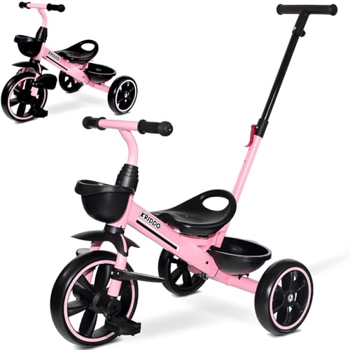 KRIDDO 2in1 Toddler Tricycle for Ages 18 Months to 5 Years Old Extended Push Handle for Effortless Push Gift Trike for Toddler 3 to 5 Year Kids Tricycle with Foldable Front Footrest Pink - Image 1