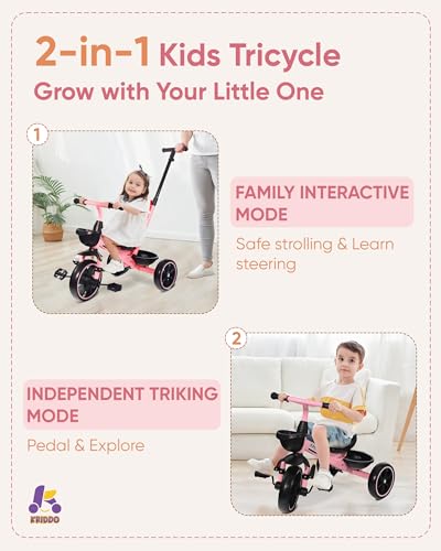 KRIDDO 2in1 Toddler Tricycle for Ages 18 Months to 5 Years Old Extended Push Handle for Effortless Push Gift Trike for Toddler 3 to 5 Year Kids Tricycle with Foldable Front Footrest Pink - Image 5