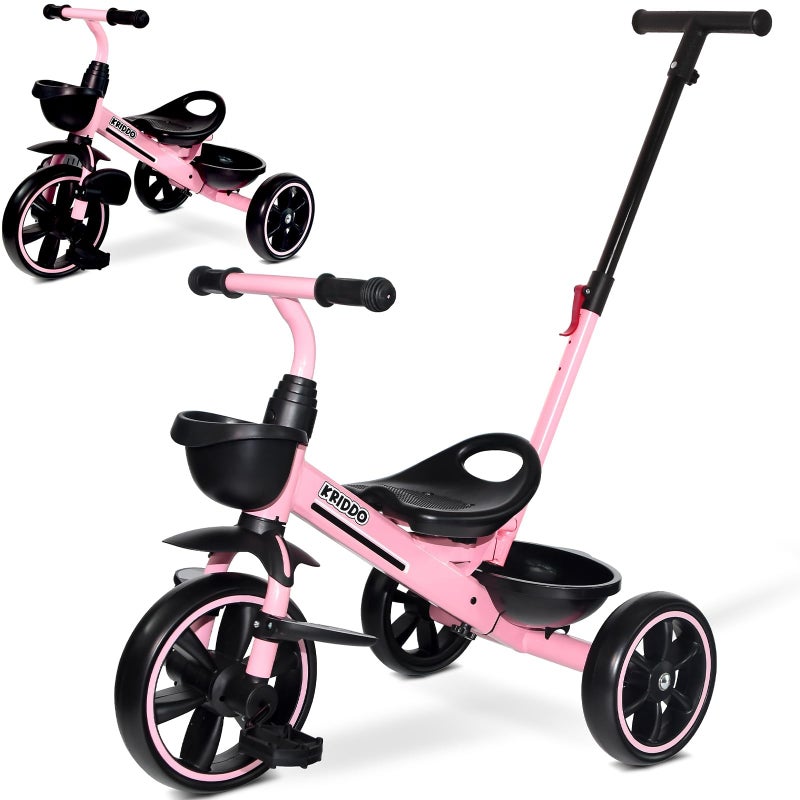 KRIDDO 2in1 Toddler Tricycle for Ages 18 Months to 5 Years Old Extended Push Handle for Effortless Push Gift Trike for Toddler 3 to 5 Year Kids Tricycle with Foldable Front Footrest Pink - Image 2