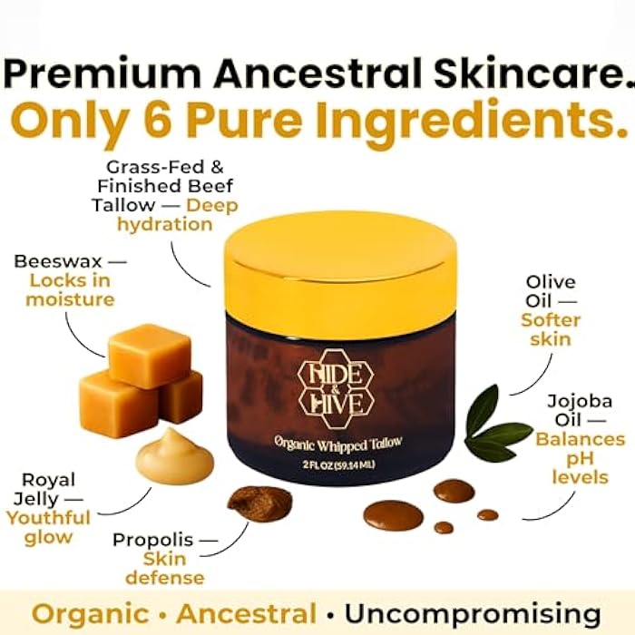 HIDE & HIVE Whipped Tallow Balm – Grass-Fed Moisture for Face, Body & Hands – Organic Beef Tallow for Skin with Royal Jelly & Propolis – Clean, Non-Greasy Balm for Dry, Sensitive Skin - Image 3
