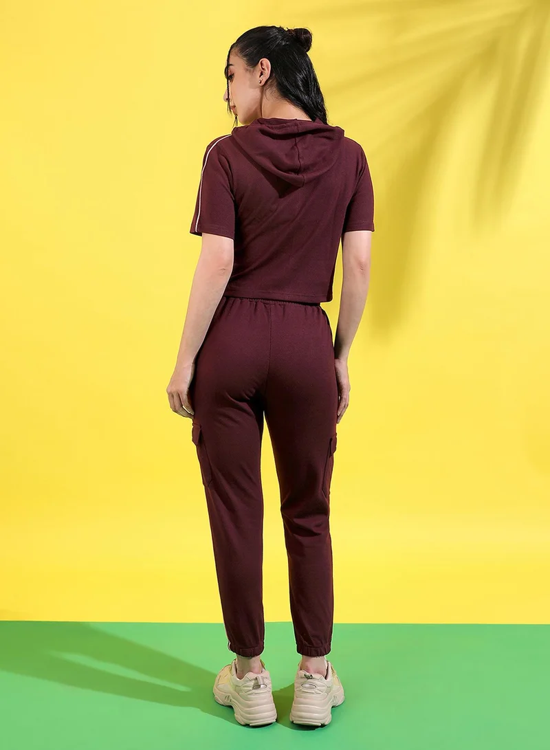 PINACOLADA Women's Wine Red Contrast Piping Co-Ord Set For Casual Wear | Hooded Neck | Short Sleeve | Drawstring Closure | Co-Ords Designed With Comfort Fit For Woman & Girls
