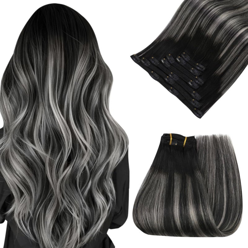 Easyouth Clip in Hair Extensions Real Human Hair Ombre Hair Extensions Clip ins Real Human Hair Blend of Black and Silver with Black Roots Clips on Extension Human Hair for Women 18In 120G 7Pcs