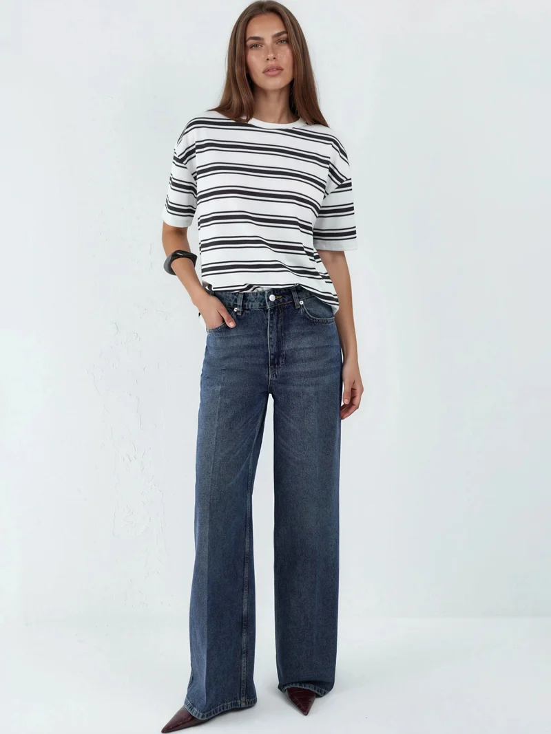 Hiccup Mid Blue Denim Wide Leg Raw Denim Jeans for Women | Best Price UAE