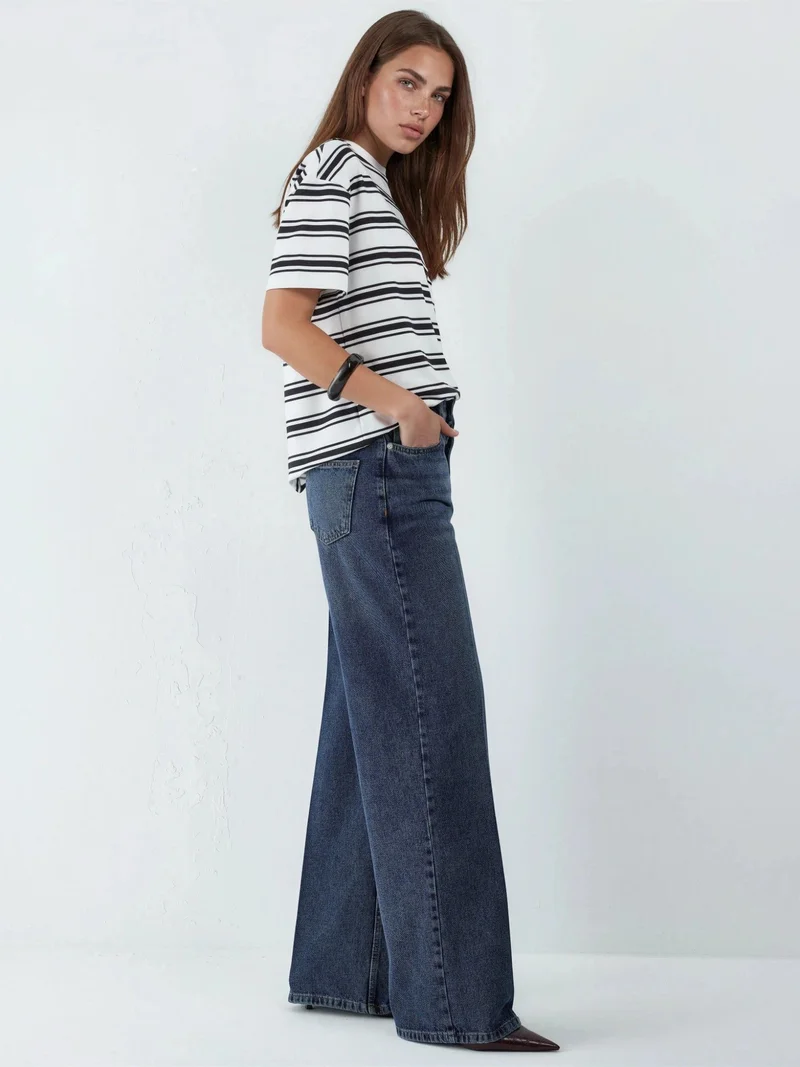 Hiccup Mid Blue Denim Wide Leg Raw Denim Jeans for Women | Best Price UAE