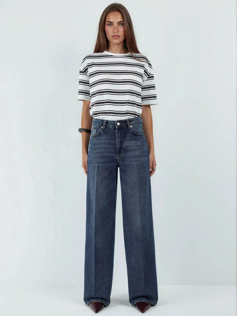 Hiccup Mid Blue Denim Wide Leg Raw Denim Jeans for Women | Best Price UAE