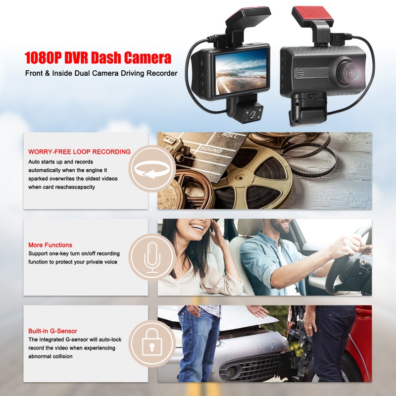 1080P DVR Dash Camera Front & Inside Dual Camera Driving Recorder 3 Inch Screen Dashcam 170° Wide Angle Support Voice Recording Night Vision G-Sensor Loop Recording - Image 5