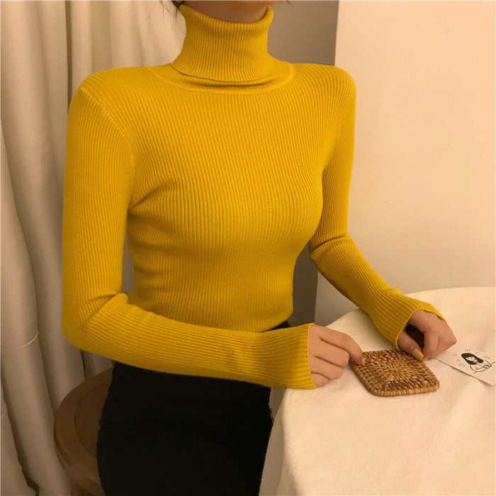 Early Autumn New Black High Neck Knitted Base Shirt Winter Womens Sweater Slim-fit All-match Outer Wear Clothes Yellow