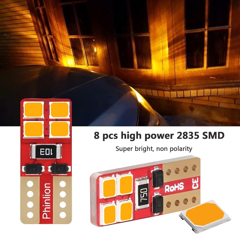 Phinlion Super Bright 2835 SMD LED Bulbs for Car Interior Dome Map Door Courtesy License Plate Lights Wedge T10 168 194 2825 Amber Yellow (10 Pack) - Image 2