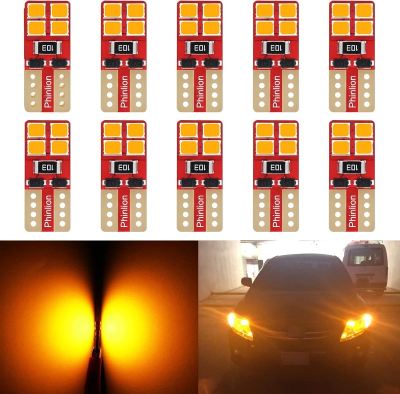 Phinlion Super Bright 2835 SMD LED Bulbs for Car Interior Dome Map Door Courtesy License Plate Lights Wedge T10 168 194 2825 Amber Yellow (10 Pack) - Image 1
