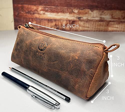 Rustic Town Leather Pencil Case - Vintage Zippered Pencil Pouch & Pen Case for Adults, Artists, Writers - Gift for Men & Women - Image 3