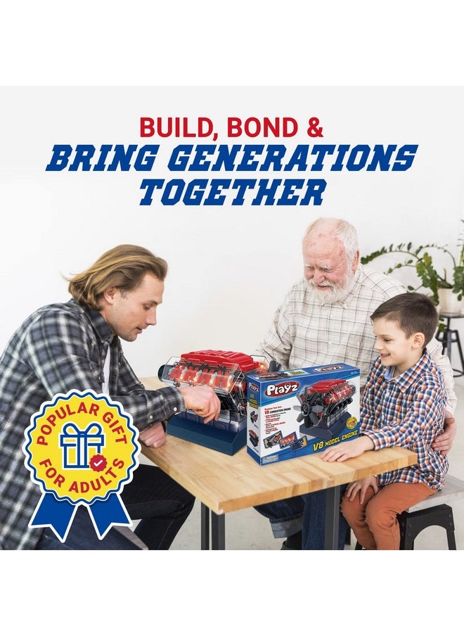 Playz - V8 Combustion Engine Model Kit That Runs Build Your Own Stem Mini V8 Model Engine Kit For Adults & Kids Age 12+, Visible V8 Mini Engine Kit That Works For Adult W/ 270 Stem Parts - Image 1