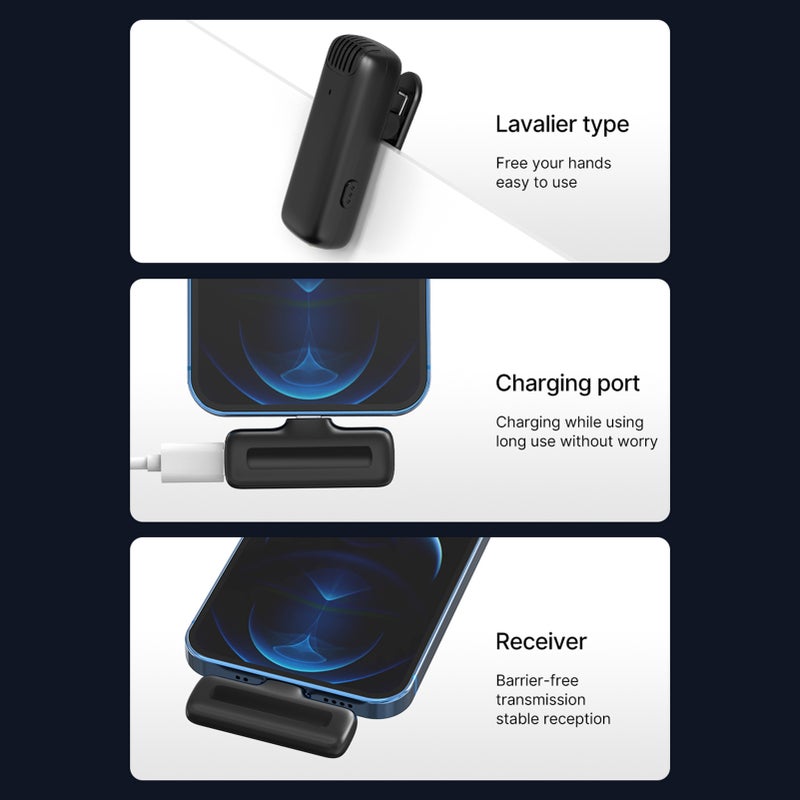 J11 Wireless Microphone System with 1 Mini Receiver& 1 Clip-on Microphones 20M/65ft Transmission Range Built-in Battery with Charging Case for Type-C Android Smartphones - Image 5