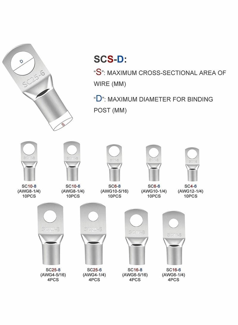 Y&D Copper Wire Lugs 66 Pcs Battery Cable Terminal connectors Set Connectors for 4 6 8 10 AWG with Heat Shrink Tubing - Image 5