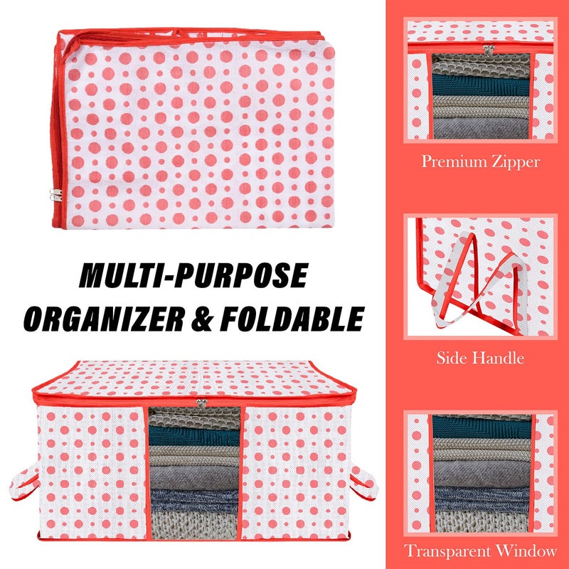 Kuber Industries Underbed Storage Bag Clothes Storage Bag Blanket Cover with Clear Window Zipper Closure Handle Cloth Organizer DotDesign Large Pack of 4 Red - Image 4