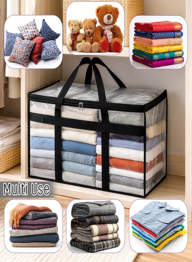 Storite 2 Pack Transparent Moisture Proof Multi-Purpose 82 L Large Toys Storage Bag/Books Magazine/Blankets/Clothes Storage Organizer with Zip and Handle Rectangular (Transparent Checks, 57x40x36 cm) - Image 4