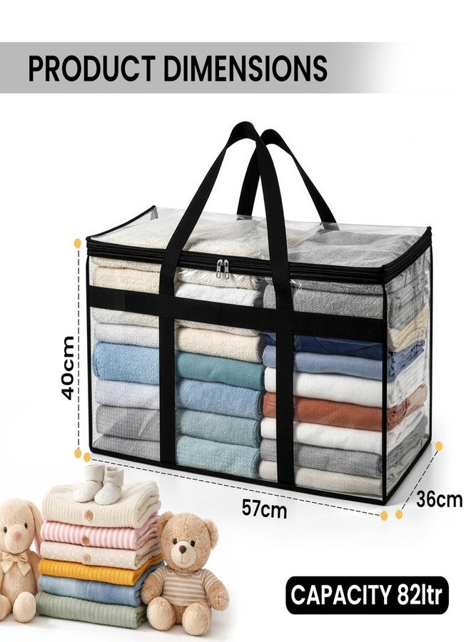 Storite 2 Pack Transparent Moisture Proof Multi-Purpose 82 L Large Toys Storage Bag/Books Magazine/Blankets/Clothes Storage Organizer with Zip and Handle Rectangular (Transparent Checks, 57x40x36 cm) - Image 2
