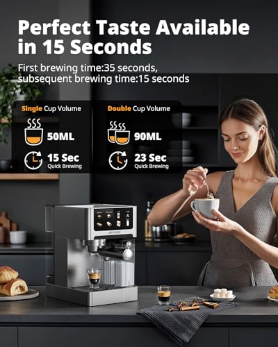 AIRMSEN آلة إسبريسو AIRMSEN 20 بار مع خافق حليب أوتوماتيكي، صانعة قهوة كابتشينو ولاتيه مع غلاية مزدوجة سريعة التحضير (1350 واط + 1000 واط)، من الفولاذ المقاوم للصدأ، خزان ماء سعة 60 أونصة، شاشة تعمل باللمس - Image 3