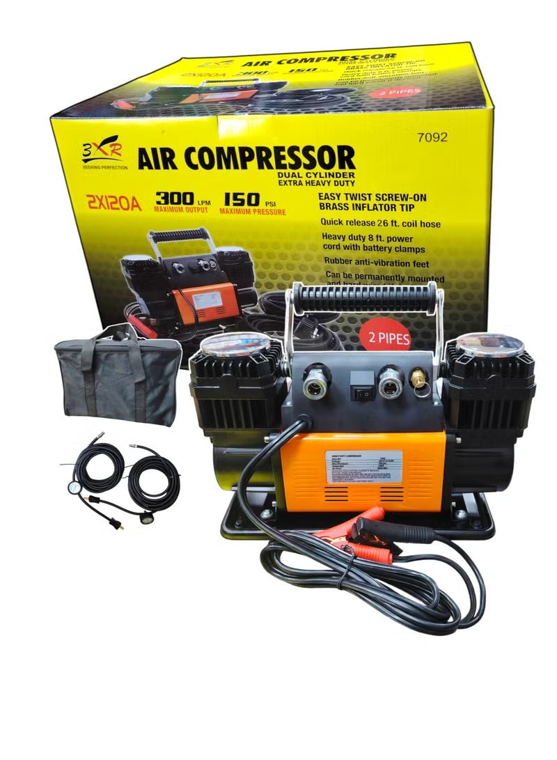 3 اكس ار ضاغط هواء مزدوج الأسطوانات، 300 لتر/دقيقة، ضغط أقصى 150 رطل/بوصة مربعة، مع خرطوم 2 × 26 قدمًا، لإطارين في وقت واحد - Image 3