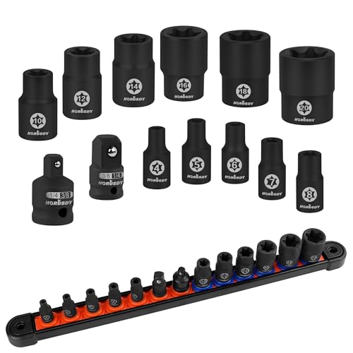 HORUSDY E-Torx Socket Set 13-Piece External Socket Set | 11-Piece Female E-Torx Sockets (E4-E20) Star Socket Set | 2-Piece Impact Socket Adapter Set - Image 1