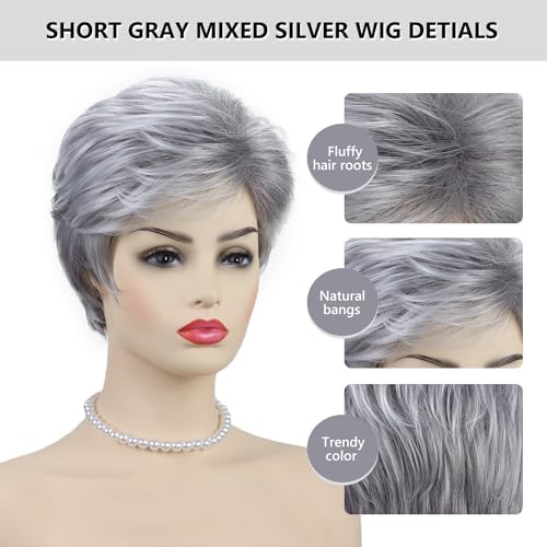 SEVENCOLORS Short Grey Silver Wigs for White Women Natural Layered Pixie Cut Wigs with Bangs Synthetic Short Gray Hair Wig for Older Women - Image 3
