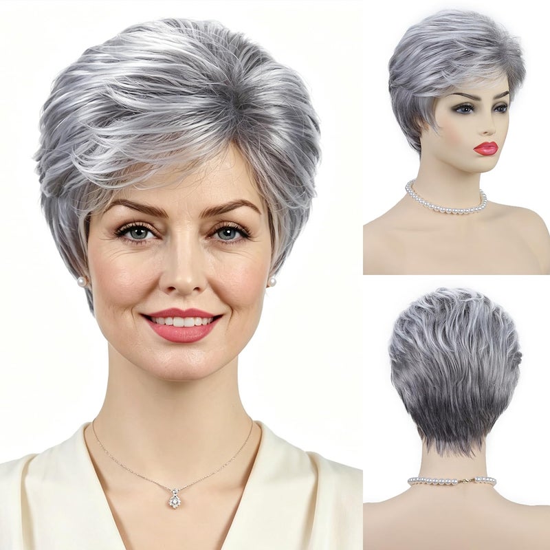 SEVENCOLORS Short Grey Silver Wigs for White Women Natural Layered Pixie Cut Wigs with Bangs Synthetic Short Gray Hair Wig for Older Women - Image 2