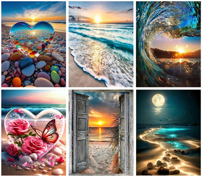 KINPLUB 6 Pack Diamond Painting Kits for Adults, 5D Beach Diamond Art Kits for Beginners, DIY Full Drill Paint with Diamond Gem Art, Home Wall Decor 12 x 16 Inch - Image 1