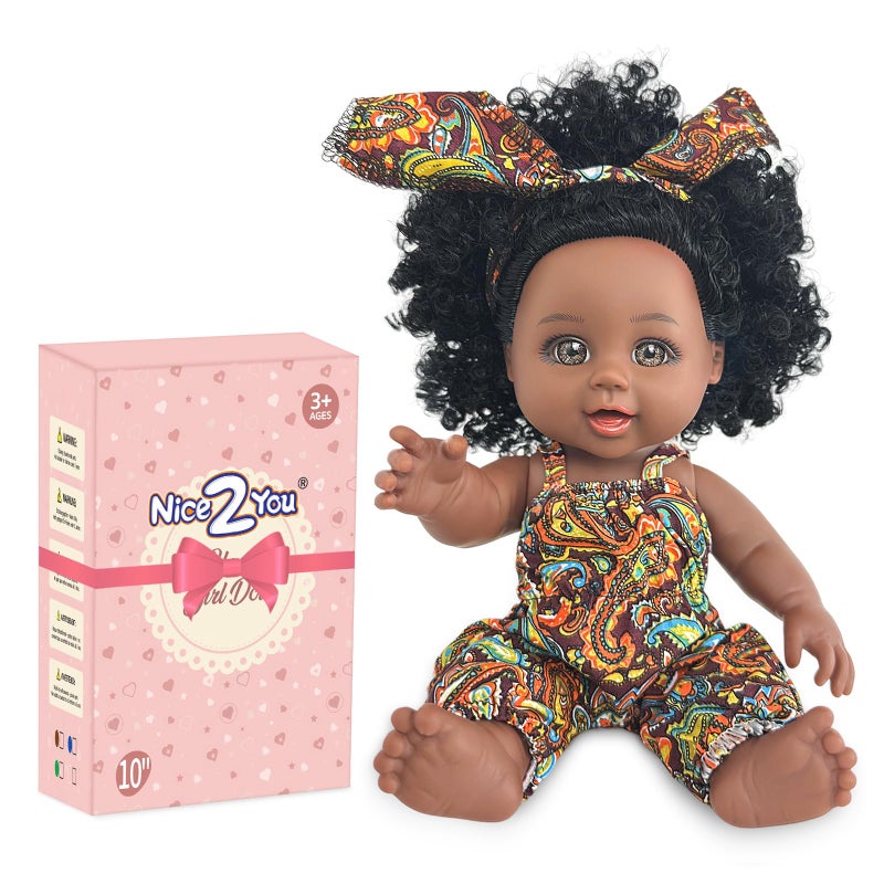 Nice2you Black Baby Doll, 10 inch American African Girl Doll with Dress, Realistic Reborn for Kids Aged 2 3 4 5 6, Silicone Small Toy Curly Hair Birthday Gift, Brown, BD-1 - Image 1