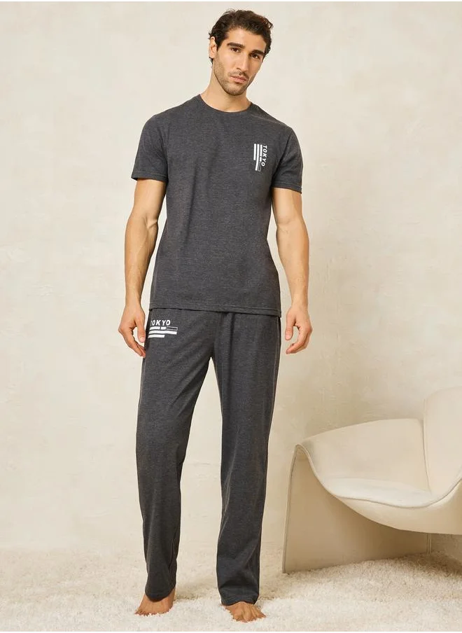 ستايلي Styli Tokyo Print Crew Neck T-Shirt and Open Hem Pyjama Set