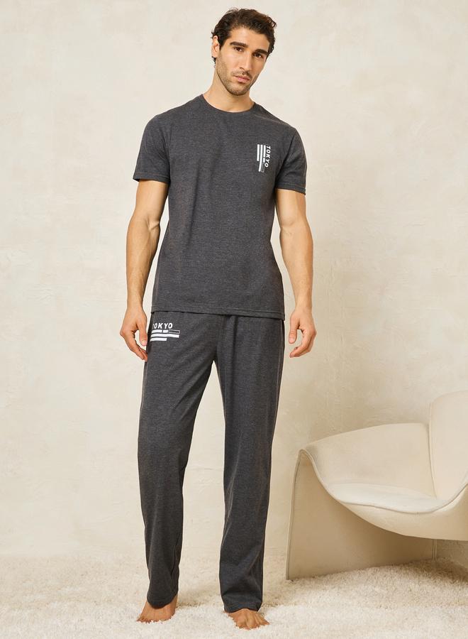 Styli Styli Tokyo Print Crew Neck T-Shirt and Open Hem Pyjama Set - Image 1