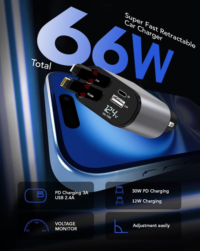 COCIVIVRE Car Quick Charger Car Retractable Cigarette Lighter 60W Plug Adapter USB Retractable Car Charger MultiPort for iPhone 15/14/13/12/Pro Max/Sumsang S23/S22/S21/Pixel 7/6 - Image 2