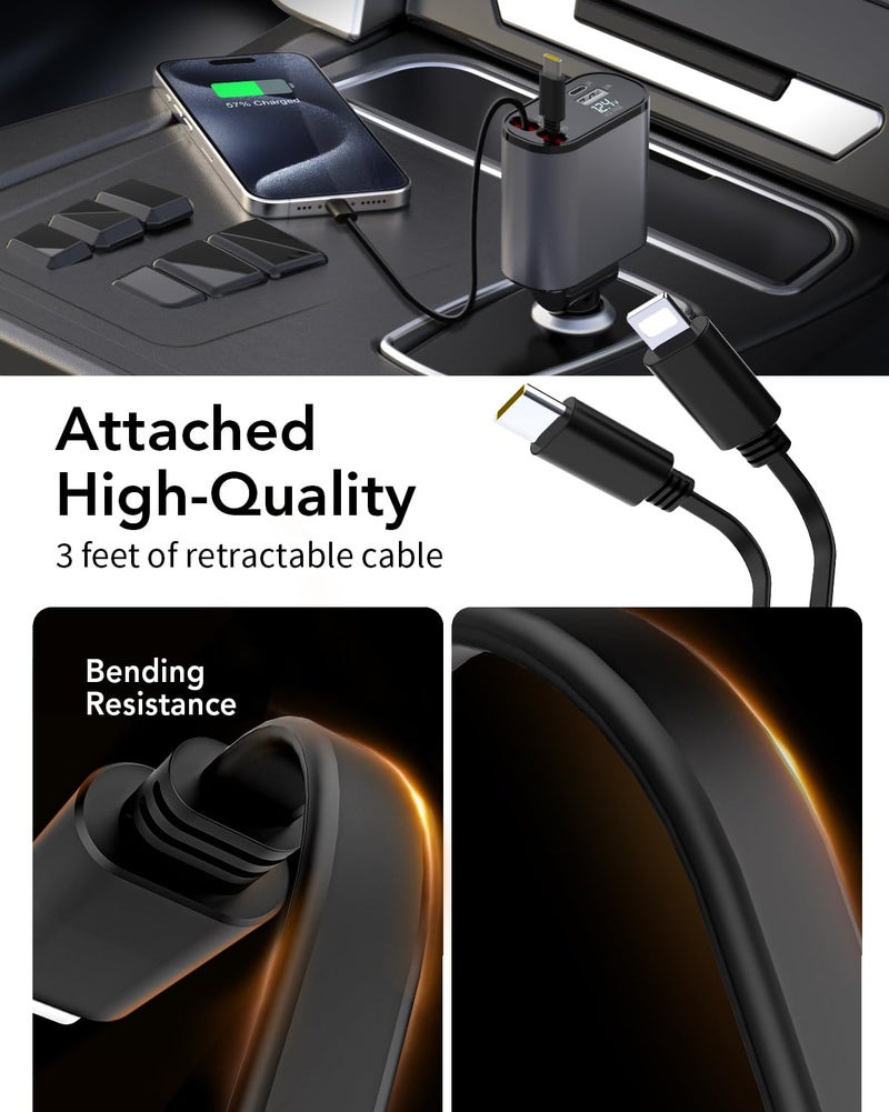 COCIVIVRE Car Quick Charger Car Retractable Cigarette Lighter 60W Plug Adapter USB Retractable Car Charger MultiPort for iPhone 15/14/13/12/Pro Max/Sumsang S23/S22/S21/Pixel 7/6 - Image 3
