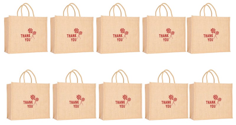 Soman Jute Ecofriendly Large(14x6x12inches) Return Gift Bags Thankyou printed Natural Pack of 10 Bags - Image 1