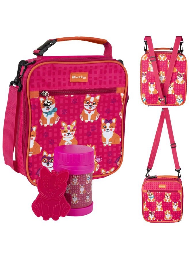 Bentology Kids Complete Pink Corgi Lunch Box Tote Kit - Insulated Soft Bag Sleeve, Convertible Backpack Strap for Kids, 13oz Food Jar & Reusable Hard Ice Pack - Use w/Bento Box or Stackable Nesting Containers - Image 1