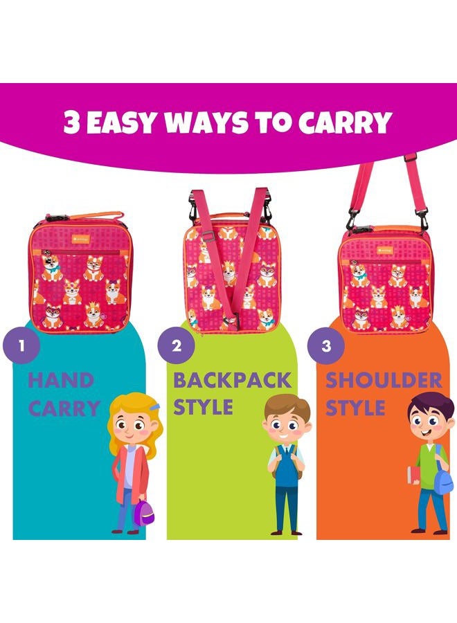 Bentology Kids Complete Pink Corgi Lunch Box Tote Kit - Insulated Soft Bag Sleeve, Convertible Backpack Strap for Kids, 13oz Food Jar & Reusable Hard Ice Pack - Use w/Bento Box or Stackable Nesting Containers - Image 2