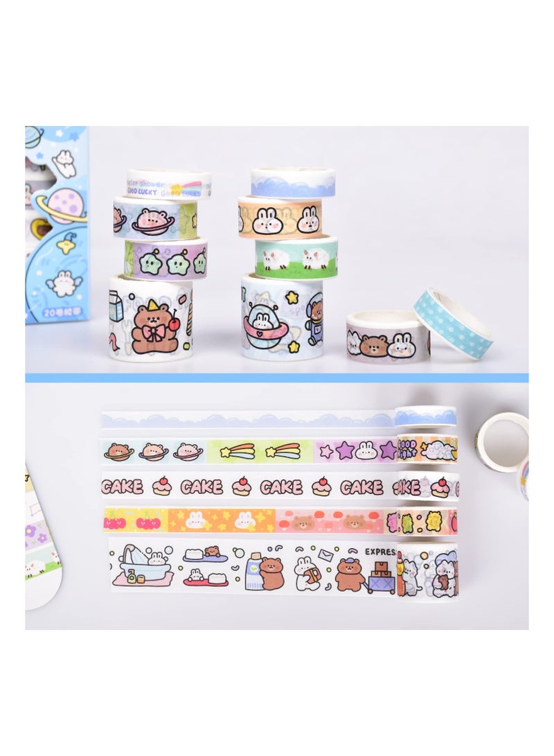 20 Rolls lovely Washi Tape Set Blue Wide Kawaii Cartoon Animals Aesthetic Decorative Masking Tape Sets for Scrapbook Journaling Kid's DIY Craft Scrapbooking Supplies - Image 3