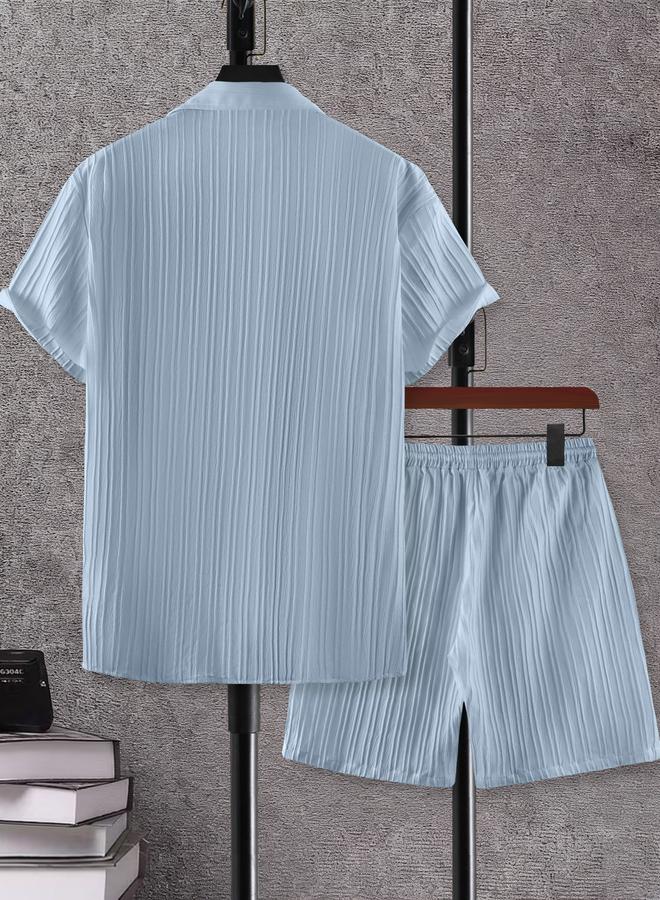 Take Two Men Light Blue Jacquard Detail Short Sleeve Button Front Shirt and Shorts Co-Ords - Image 2