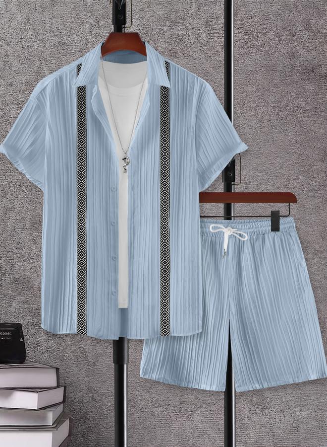 Take Two Men Light Blue Jacquard Detail Short Sleeve Button Front Shirt and Shorts Co-Ords - Image 1