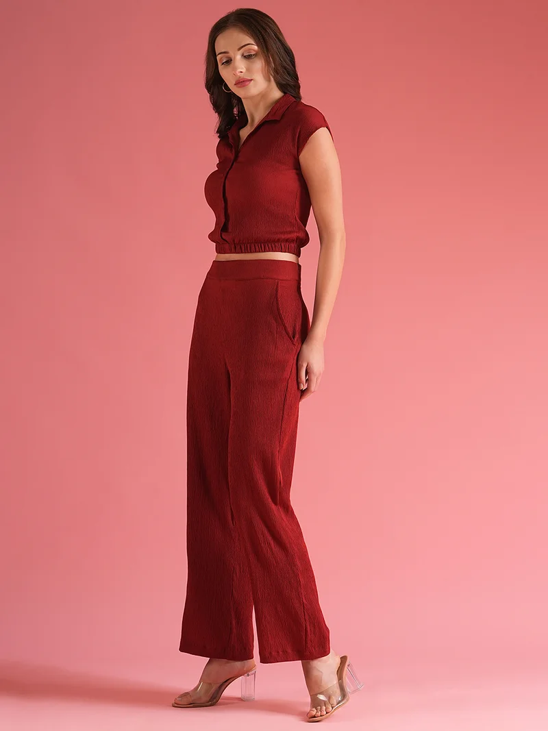 globus Globus Women Self Design Summer Shirt Style Crop Top With Trouser Co-Ord Set