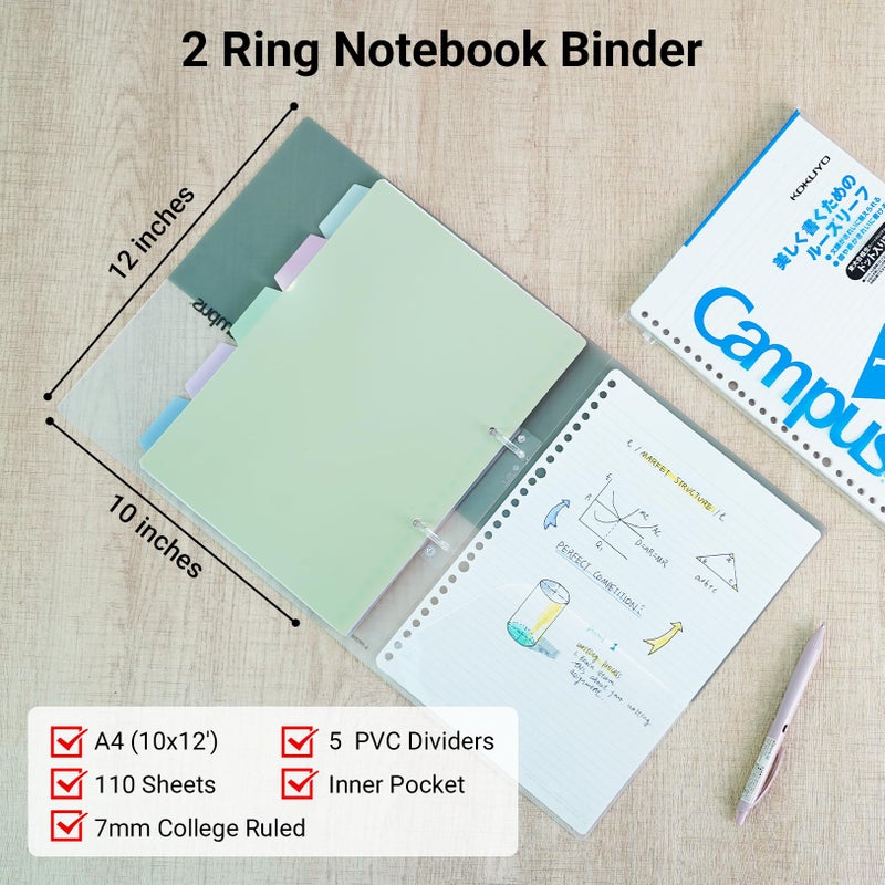 KOKUYO 5 Subject Spiral Notebook Journal, Campus 110 Sheets A4 Refillable Notebook with Dividers Tabs, College Ruled Binder Notebook for Work School Note taking, Light Pink, Japan Import - Image 2