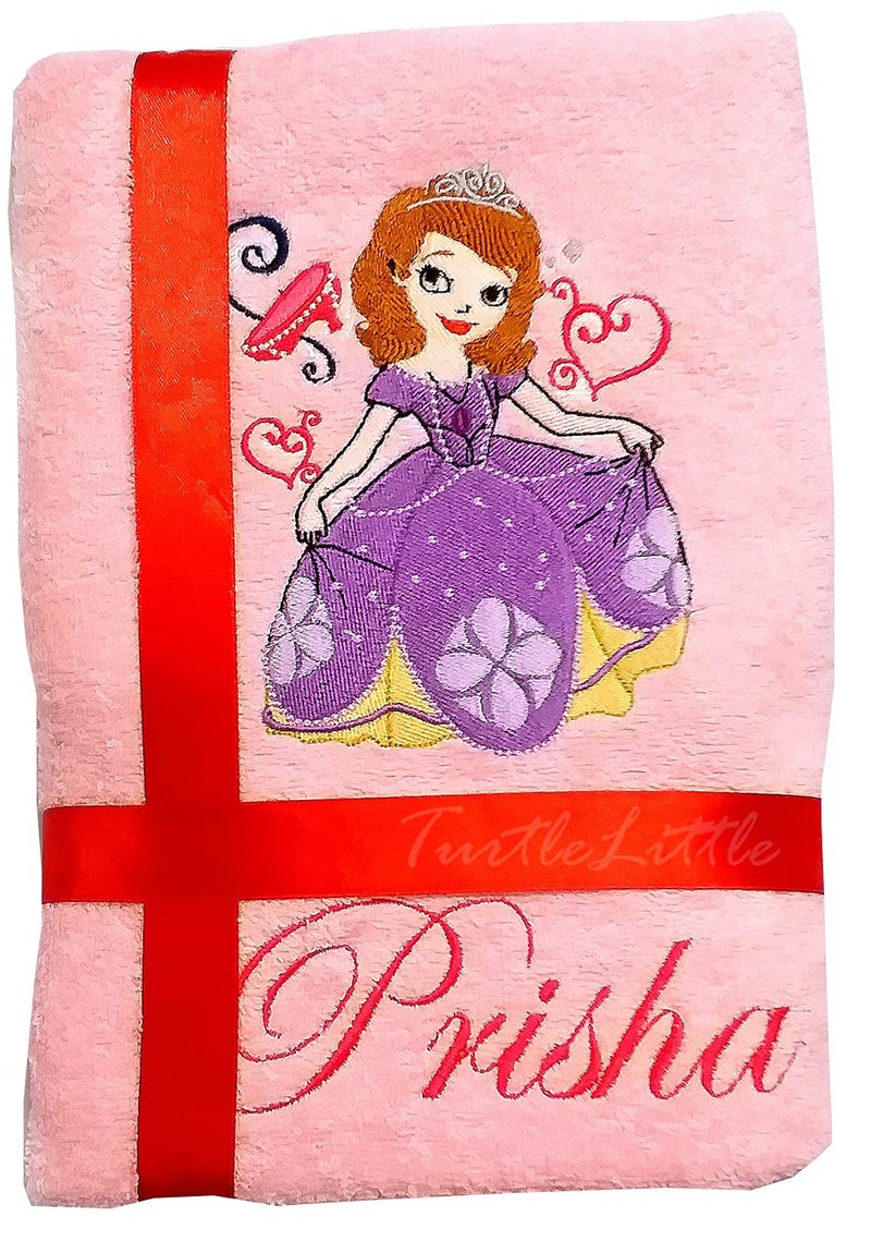 TurtleLittle Cotton Princess Sophia Personalised Embroidered Kids Bath Towel 500 GSM Set of 1 Pink - Image 1
