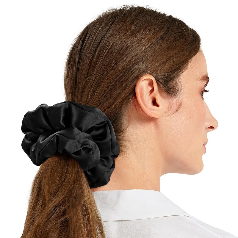 LILYSILK Large Silk Scrunchies for Hair Sleeping Big Silk Hair Ties Womens 100 Silk Ponytail Holders Oversized Mulberry Silk Scrunchies Jumbo Giant Silk Filled Scrunchies Black