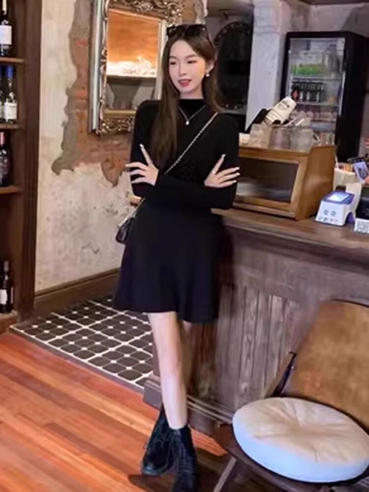 Black turtleneck knitted dress with fur, children's autumn and winter thick temperament inner wear slim fishtail sweater long skirt - Image 3