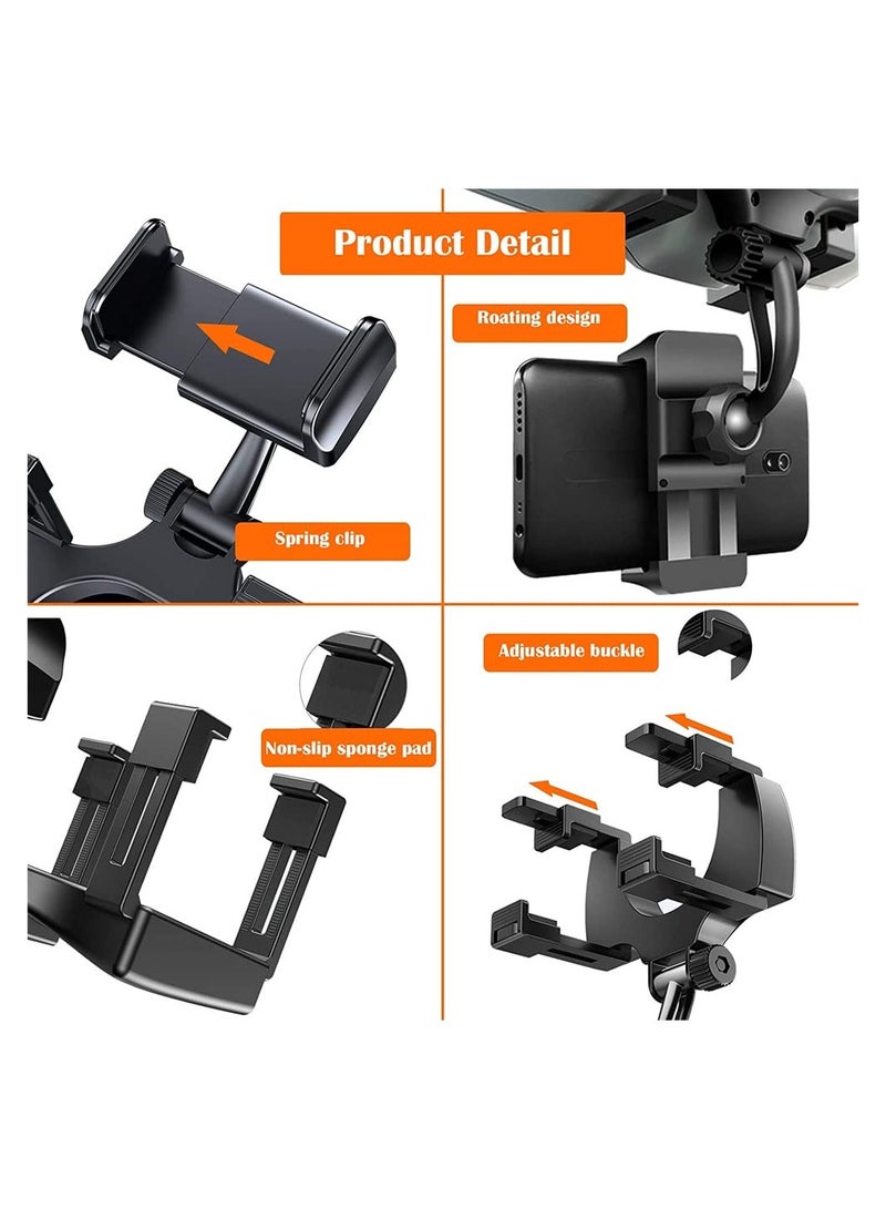 Car Rearview Mirror Phone Holder Mount Bracket Stand with 360 Degree Swivel and Adjustable Clips Universal Smartphone Cradle Black - Image 4