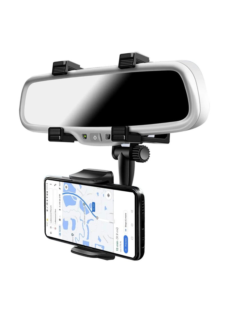 Car Rearview Mirror Phone Holder Mount Bracket Stand with 360 Degree Swivel and Adjustable Clips Universal Smartphone Cradle Black - Image 1