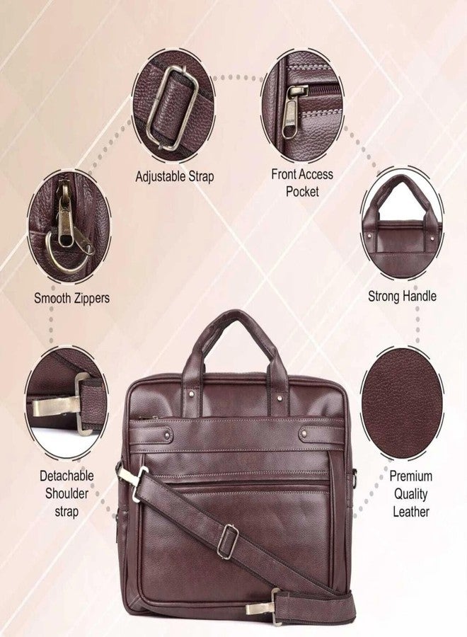 Half Moon Vegan Leather Office Laptop Bag, Messenger Bag Men & Women Expandable Laptop Bag for 15.6 Inch, Professional Work Briefcase with 4 Compartments, 20L Travel & Business Use (Brown) - Image 3