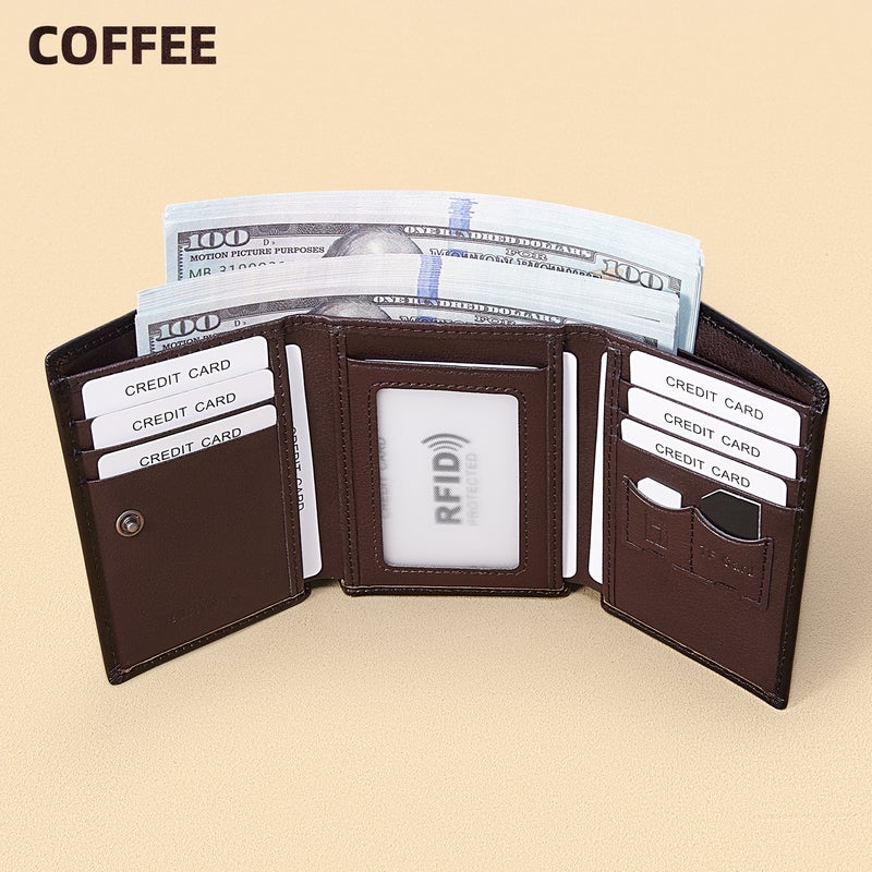 banyanu Men's Genuine Leather Tri-Fold Wallet with ID Window, 11 Card Slots, and 2 Bill Pockets; RFID Anti-Theft; Coffee-Colored Leather Lining - Image 1